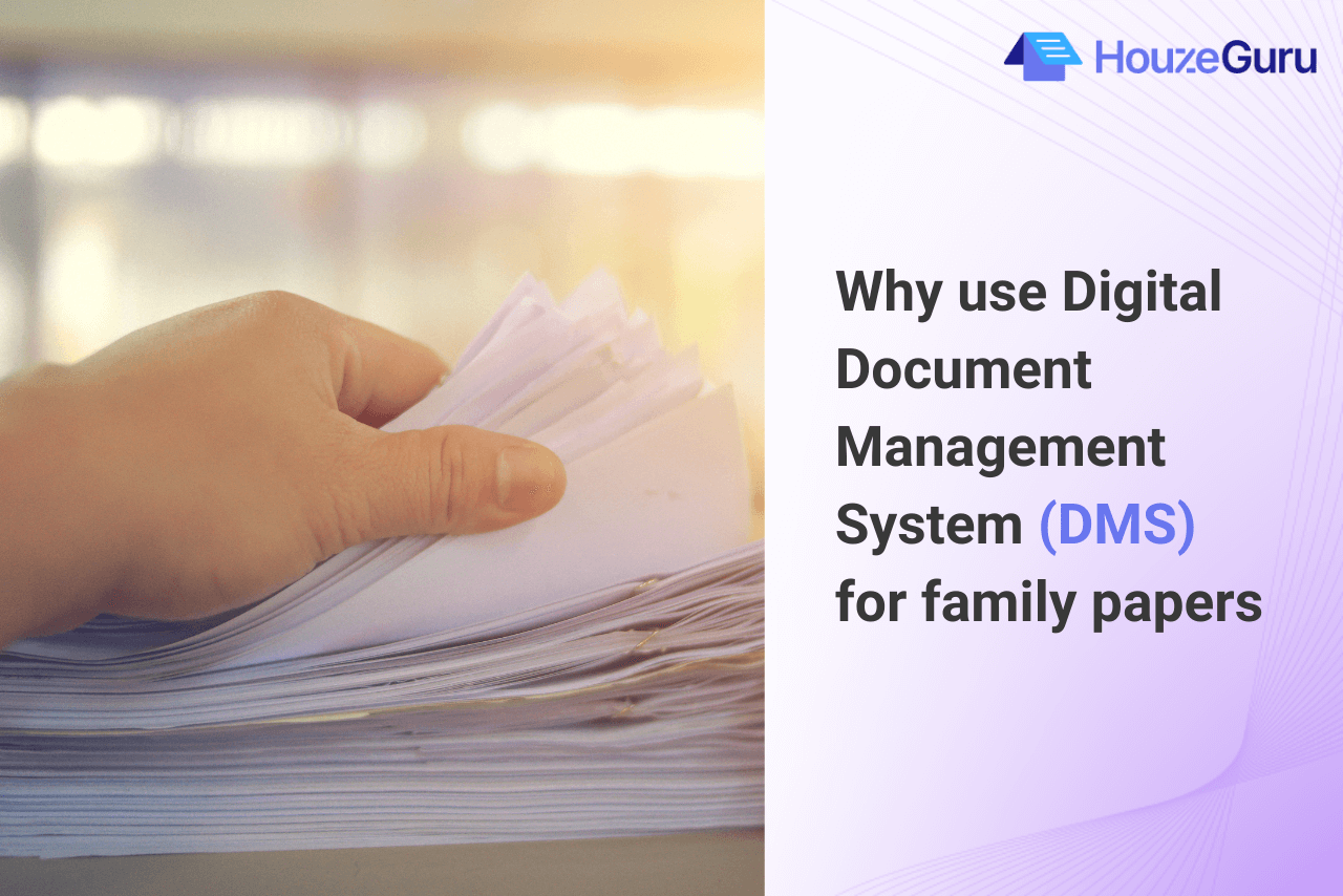 Hand holding a stack of papers, promoting digital document management for homeowners.