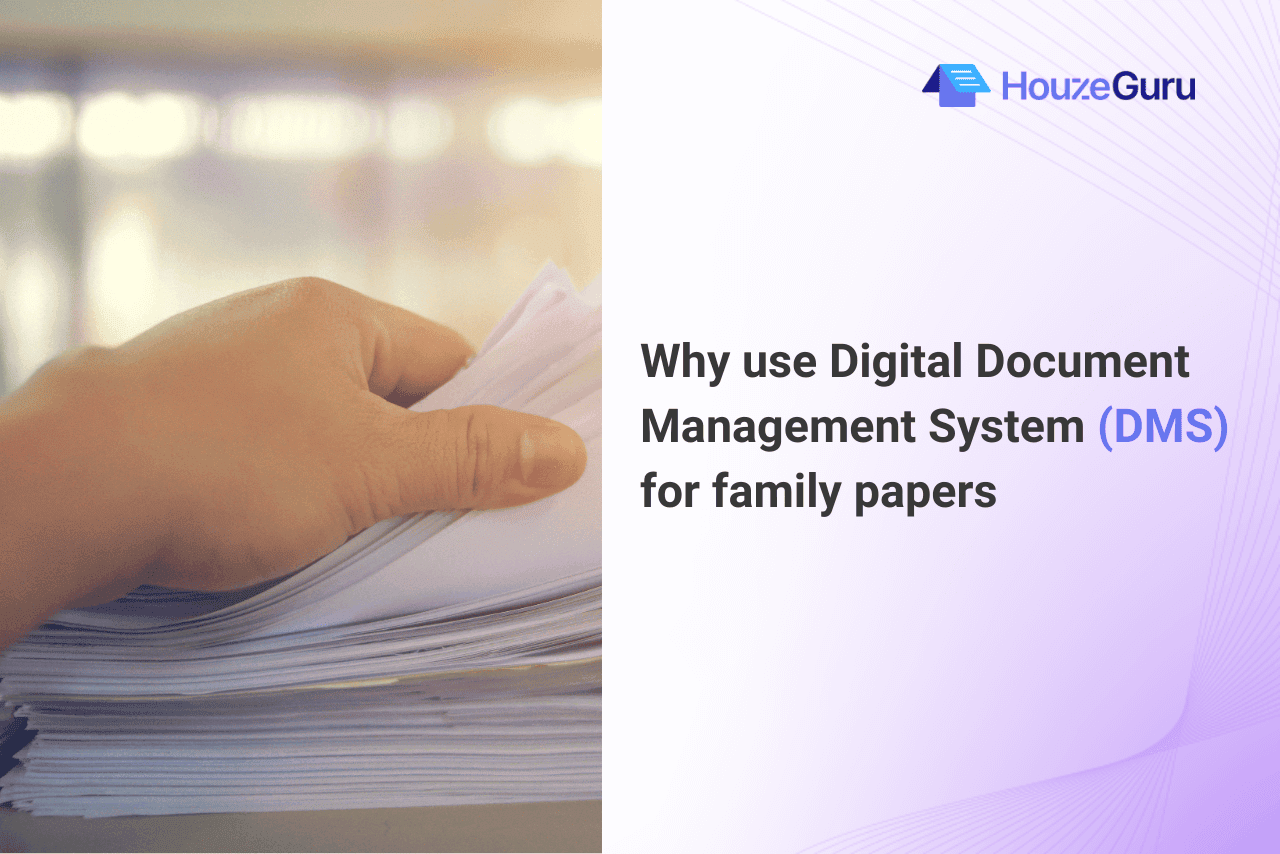 Hand holding papers with digital document management system concept.