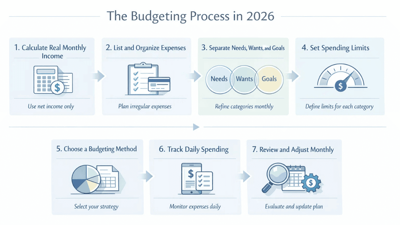 Budgeting in 2026 step-by-step process showing income calculation, expense tracking, spending limits, and monthly review
